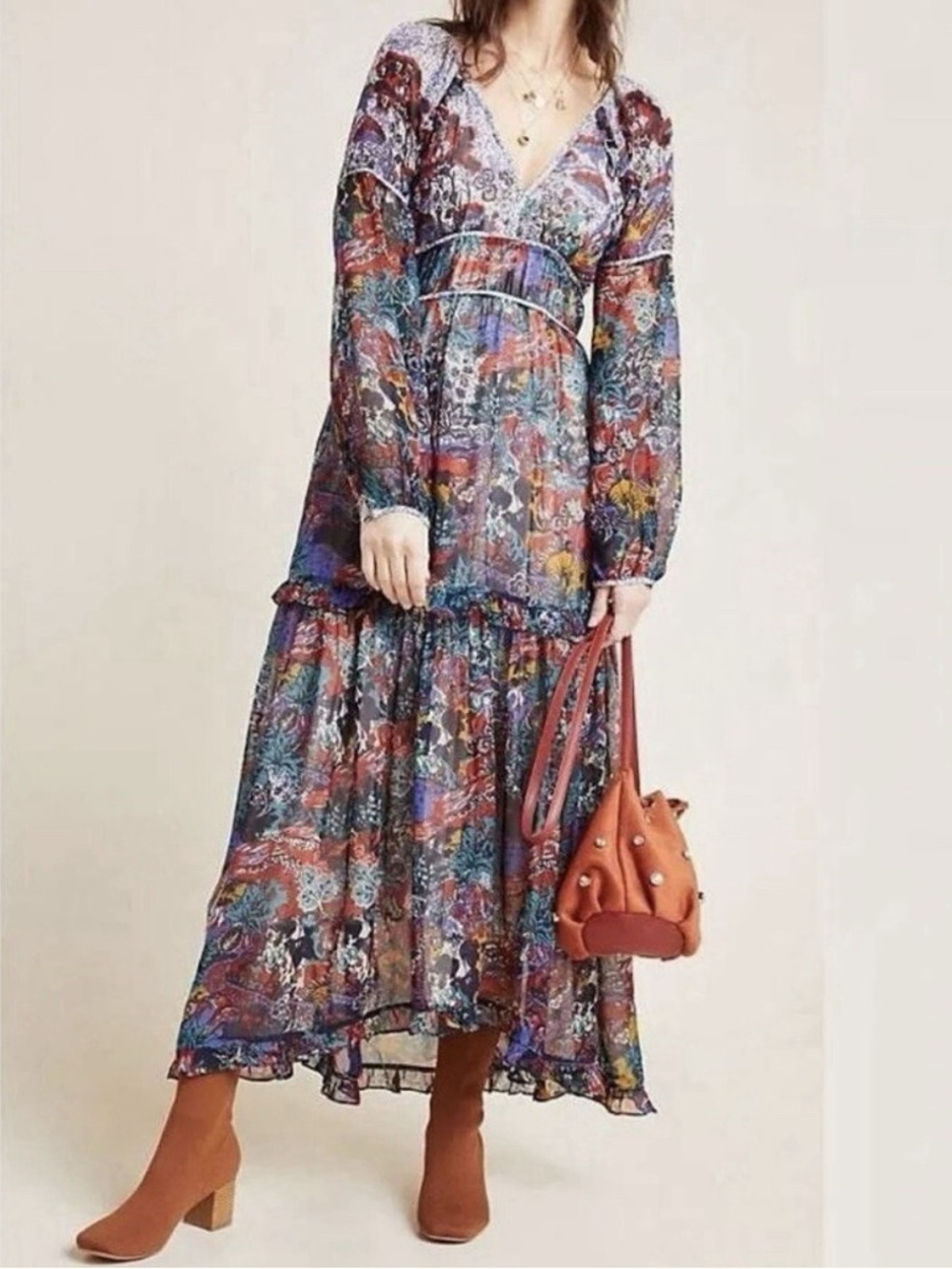 Maeve Anthropologie Annabella Maxi Dress 4 Boho Floral Long Sleeve Viscose Flowy